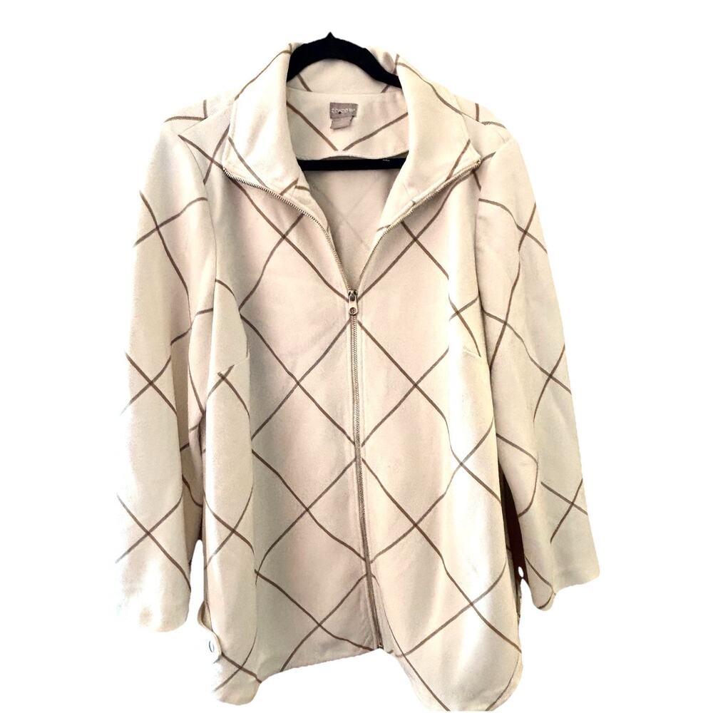 Chicos 3 Cream Window Pane Gold Full Zip Jacket Classic Light Academia Bohemian
